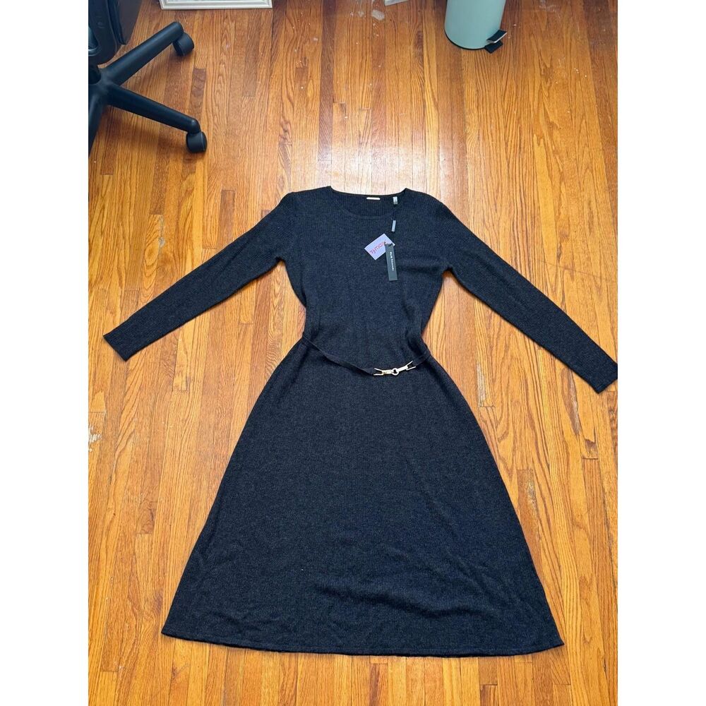 Elie Tahari Women's Size Large Charcoal Knit Long Sleeve Belted Midi Sweater Dre
